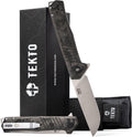 TEKTO F1 Alpha Folding Pocket Knife - Modified Straight Back Blade, Titanium Coated D2 Steel, Tactical Knife, EDC Folding Pocket Knives for Camping & Hunting - Forged Carbon, Silver Titanium Accents