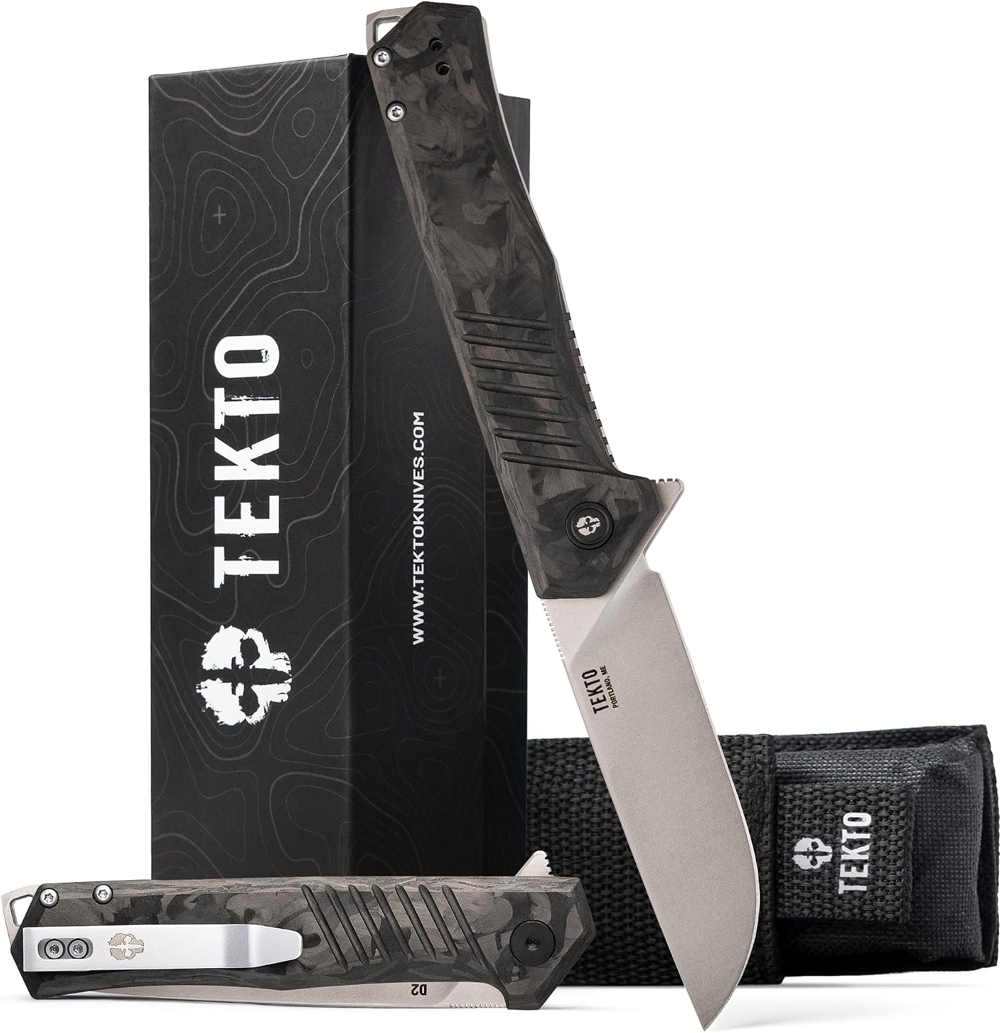 TEKTO F1 Alpha Folding Pocket Knife - Modified Straight Back Blade, Titanium Coated D2 Steel, Tactical Knife, EDC Folding Pocket Knives for Camping & Hunting - Forged Carbon, Silver Titanium Accents