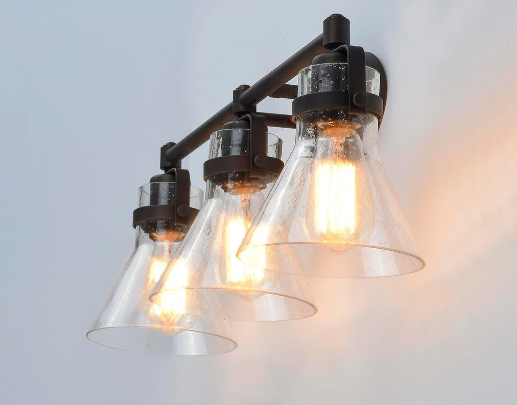 Maxim Lighting Seafarer 3-Light Bath Vanity Light | Oil Rubbed Bronze Steel Finish | Seedy Glass Shade | Industrial Indoor Light Fixture | Ideal for Bathrooms & Powder Rooms | Dimmable | 26113CDOI