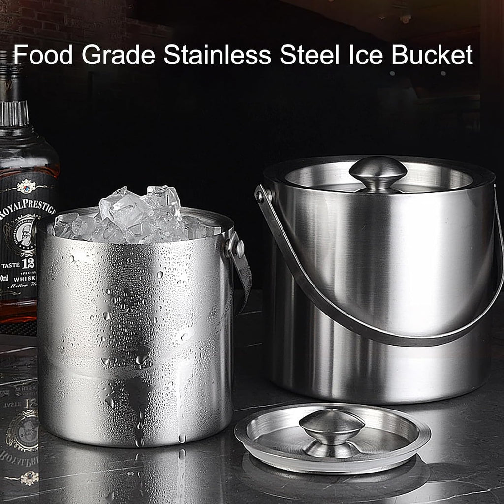 Portable Stainless Steel Ice Bucket, Double Wall Insulated with Lid, 3L Gold Ice Bucket for Parties, Family Gatherings & Bars, Easy Carry Handle