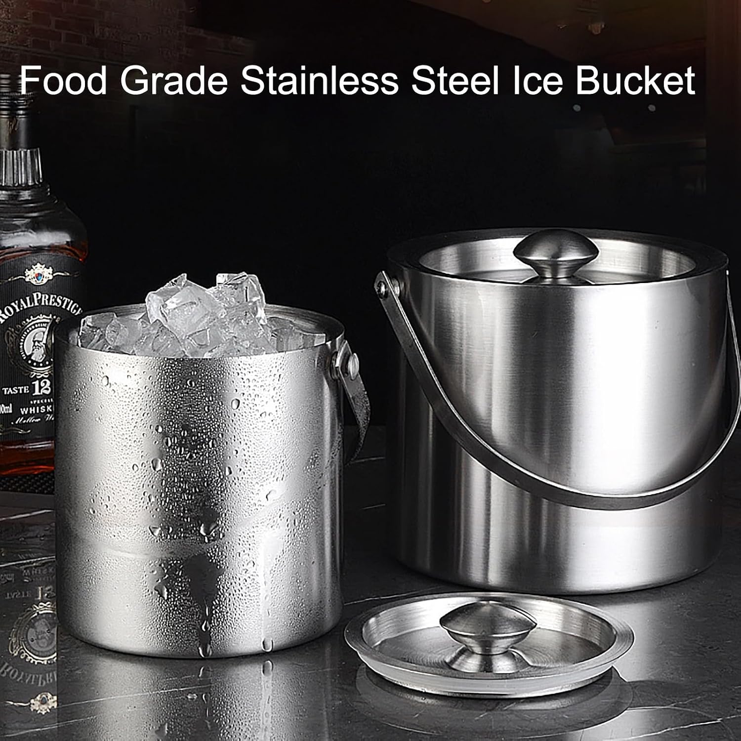 Portable Stainless Steel Ice Bucket, Double Wall Insulated with Lid, 3L Gold Ice Bucket for Parties, Family Gatherings & Bars, Easy Carry Handle