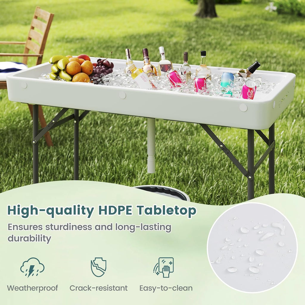 4 Foot Folding Ice Cooler Table, Portable Ice Tables for Parties with Drain, Detachable Matching Skirt & Foldable Bucket, Fill and Chill Table for Party, Picnic, Camping, Wedding, White