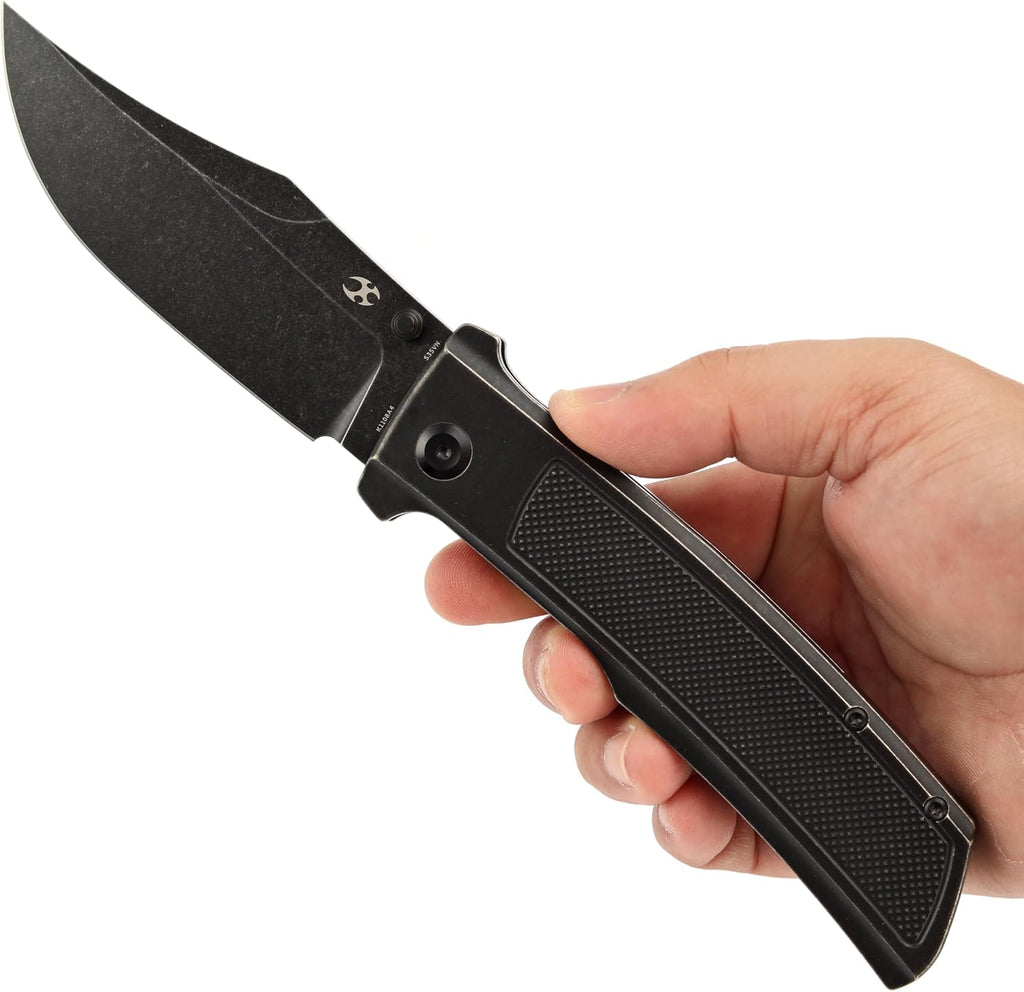 KANSEPT Bison Pocket Folding Knife, 4.25'' Blackwash CPM S35VN Steel Sharp Blade, Black Titanium with Frag Pattern Handle, Frame Lock and Thumb Stud for Edc, Camping Hiking Knives K1108A4