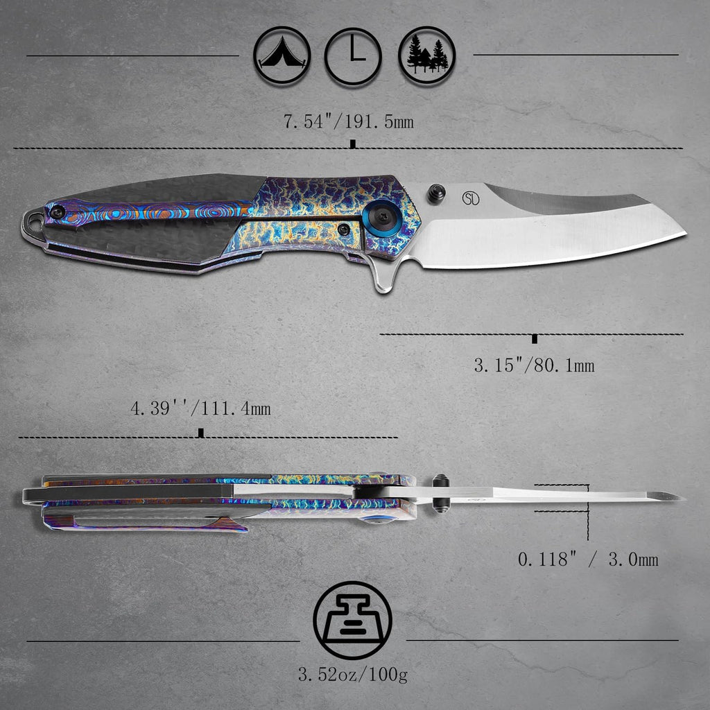 KANSEPT Mistaken Folding Knives for Men EDC Camping Hiking Folding Knife for Men Women 3.58''CPM 20CV Blade with Lightning Strike Finish Titanium Twill Carbon Fiber Timascus Clip Handle EDC K1053A4