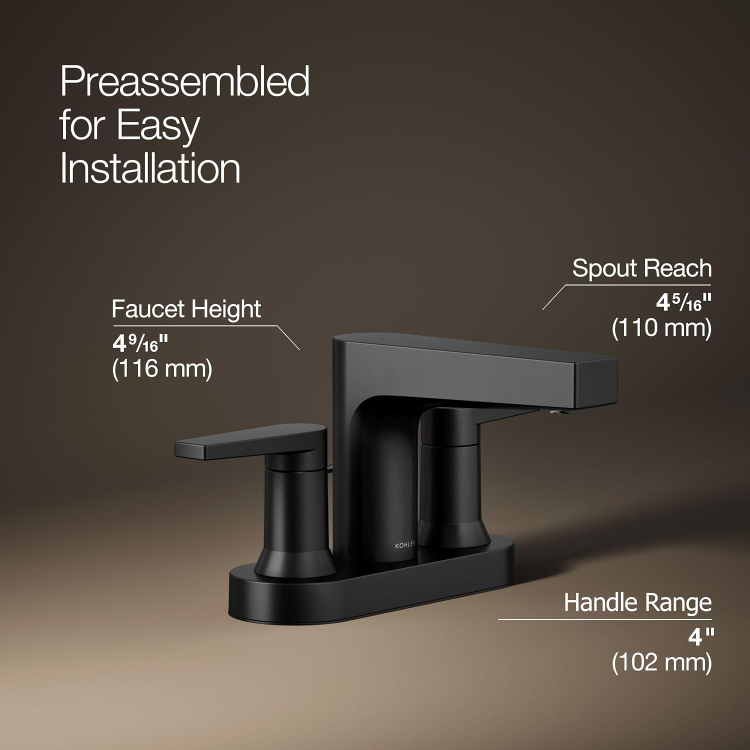 KOHLER K-97031-4-BL Taut Centerset Bathroom Sink Faucet, 1.2 GPM, Two-Handle Faucet, Minimalist Design, Corrosion Resistant, Matte Black