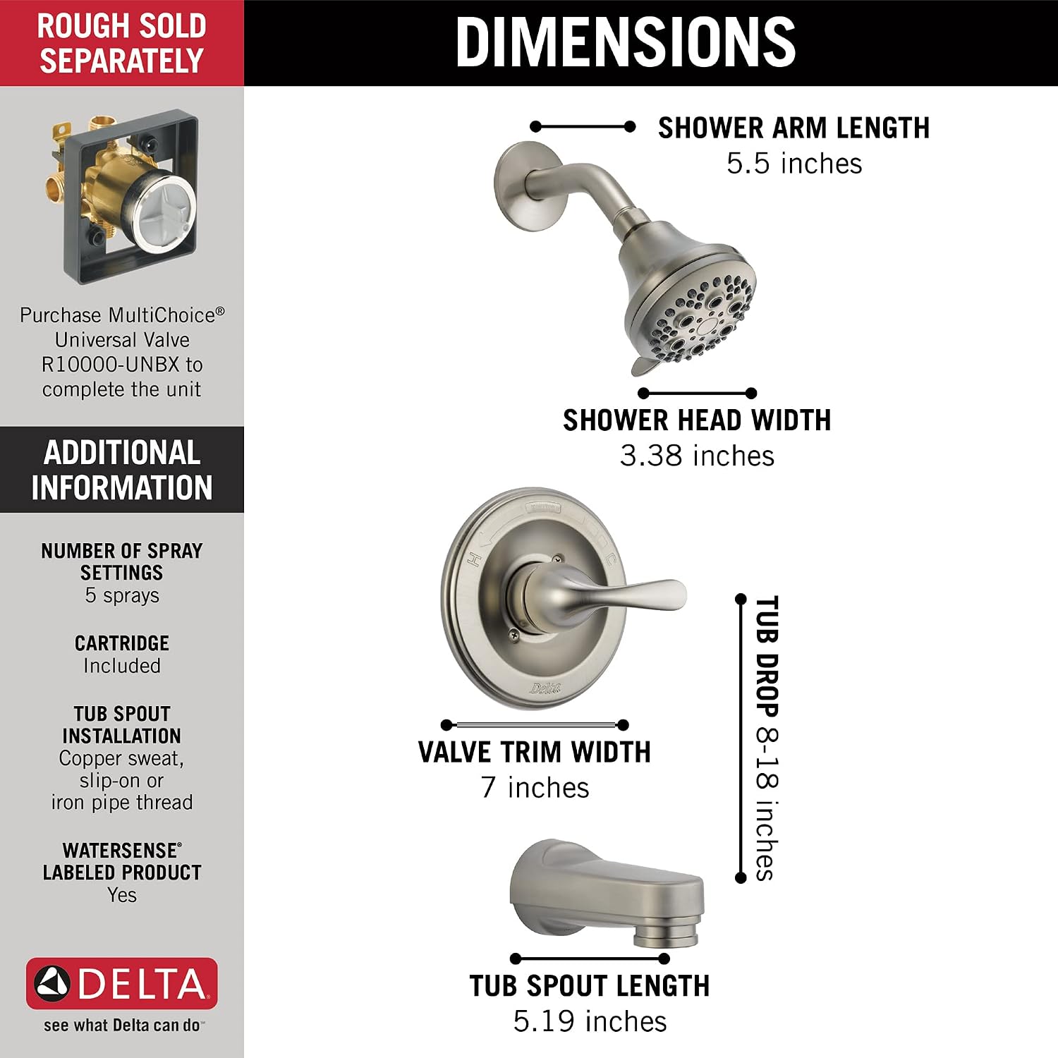 Delta Classic 13 Series 5-Setting Bathtub and Shower Faucet Set, Brushed Nickel Shower Head and Handle Set, Valve Trim Kit, Stainless T13220-SSPD (Valve Not Included)