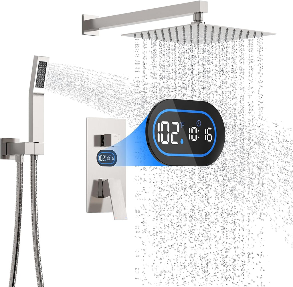 Shower Faucet Set with Hydro Power Temperature Display, Shower System Bathroom 10 Inches Shower Head with Handheld Spray, Wall Mounted Shower Fixtures with Shower Valve and Trim Kit, Brushed Nickel