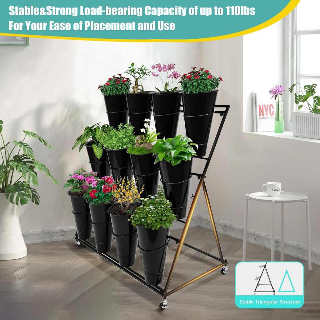 Flower Display Stand with 12 Black Round Buckets, 3 Layers Black Metal Plant Stand with Wheels, Moving Florist Bouquet Shelf for Fresh Flowers Shop Patio Garden Outdoor Flower Pop-Up Events
