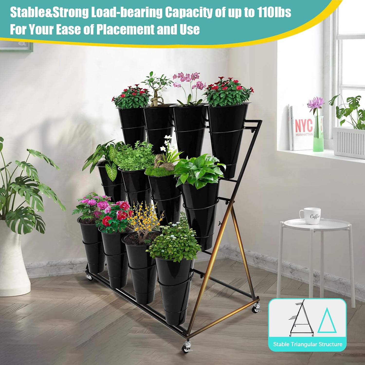 Flower Display Stand with 12 Black Round Buckets, 3 Layers Black Metal Plant Stand with Wheels, Moving Florist Bouquet Shelf for Fresh Flowers Shop Patio Garden Outdoor Flower Pop-Up Events