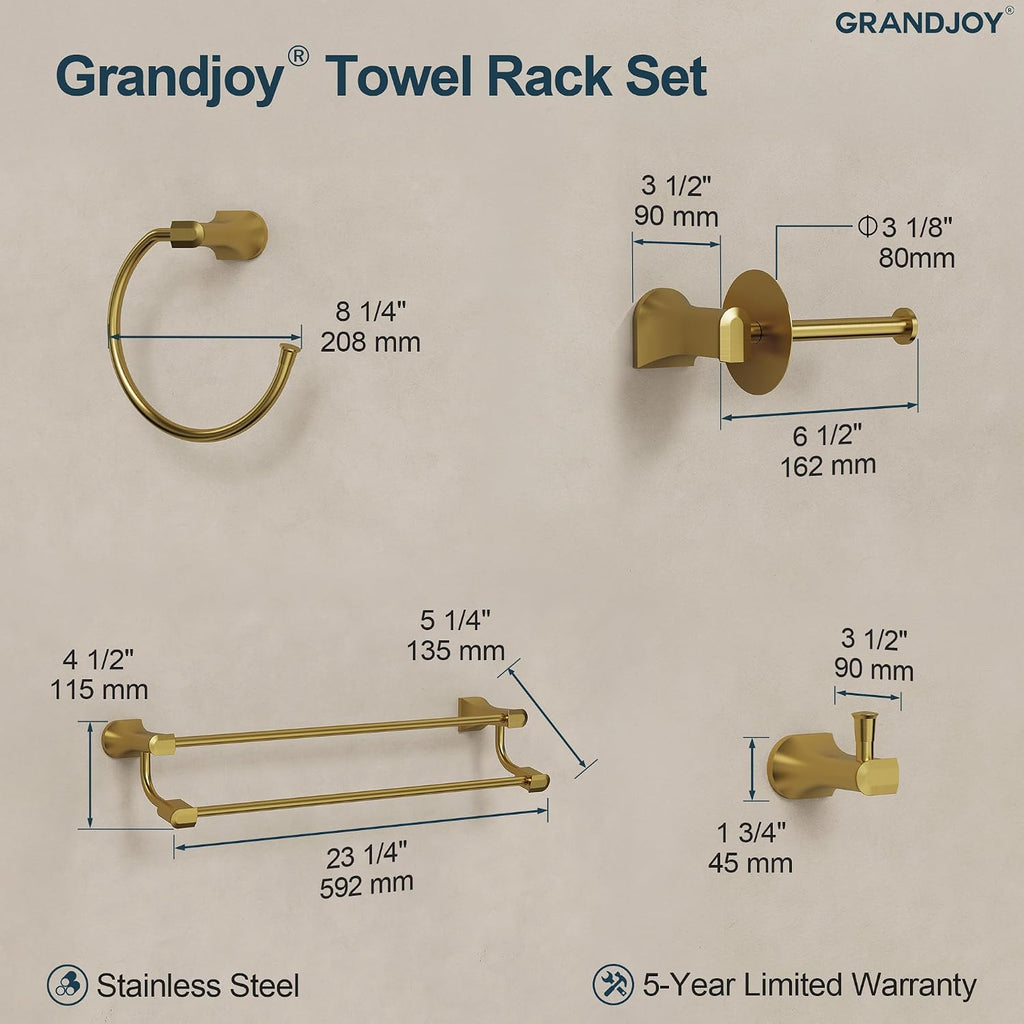 4-Piece Brushed Gold Bathroom Hardware Set, 304 Stainless Steel Rustproof Wall Mounted, 24 Inch Double Towel Rack, Towel Ring, Robe Hook, Toilet Paper Holder