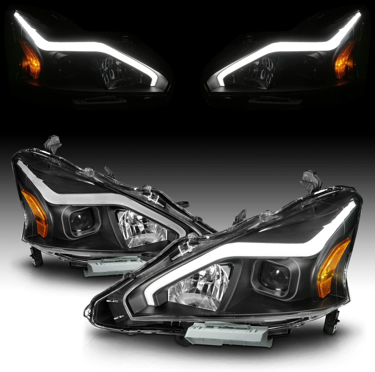 AmeriLite for 2013-2015 Nissan Altima 4 Door Sedan LED Tube Black Square Projector Headlights Set - Passenger and Driver Side
