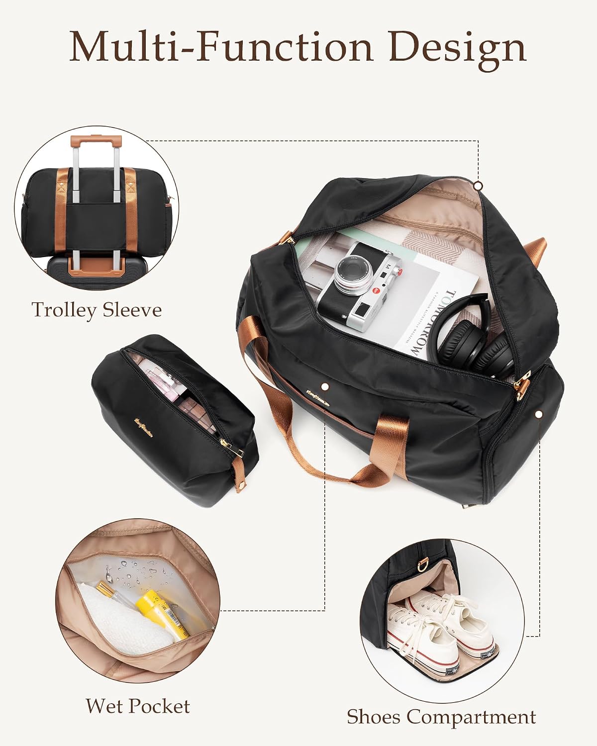 LONG VACATION Luggage Sets 5 Piece, Suitcases With Wheels, PC+ABS Hardshell Luggage Set with Spinner Wheels, TSA Lock (Black Brown)