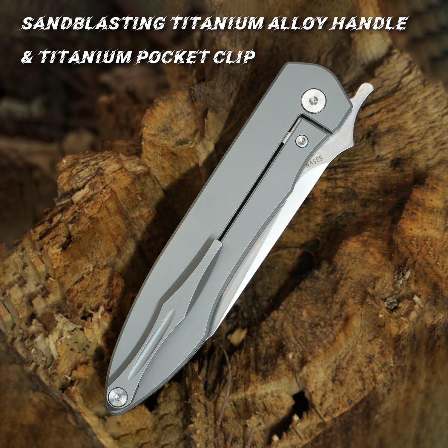 KATSU S35VN Folding Knife with Clip,Carbon Fiber Handle Pocket Knife Cleaver Razor Blade Frame Lock,Japanese Style Clip Point Blade Stonewashed Titanium Knives with Leather Sheath Camping