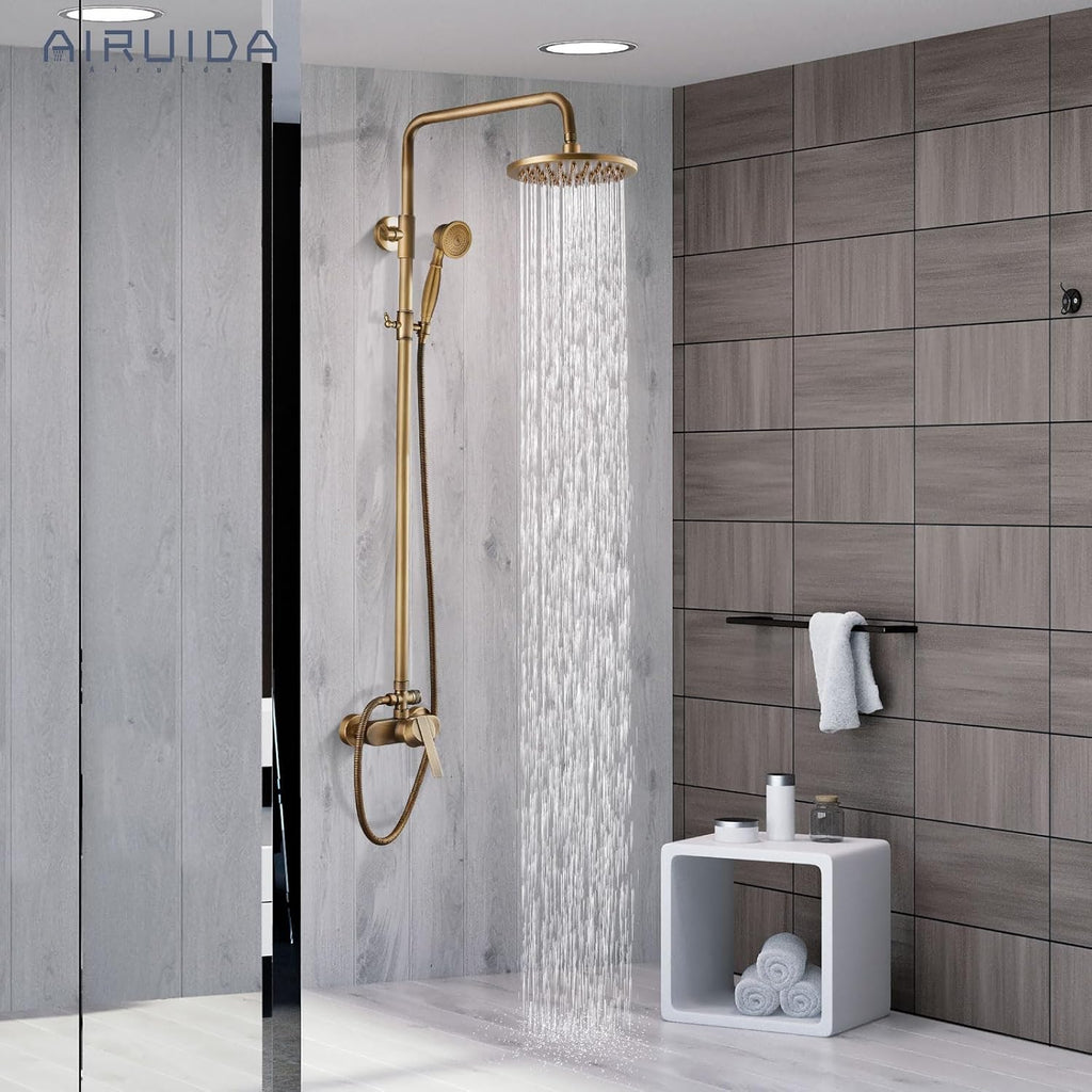 Airuida Exposed Shower System, 8 Inch Rainfall Shower Head with Handheld Spray, Single Handle Wall Mount Shower Faucet Set, Solid Brass Dual Function Exposed Pipe Fixture for Bathroom,Antique Brass