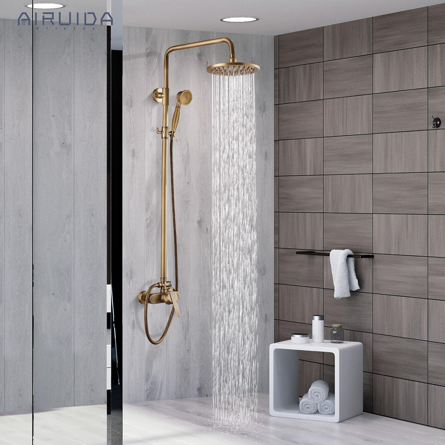 Airuida Exposed Shower System, 8 Inch Rainfall Shower Head with Handheld Spray, Single Handle Wall Mount Shower Faucet Set, Solid Brass Dual Function Exposed Pipe Fixture for Bathroom,Antique Brass