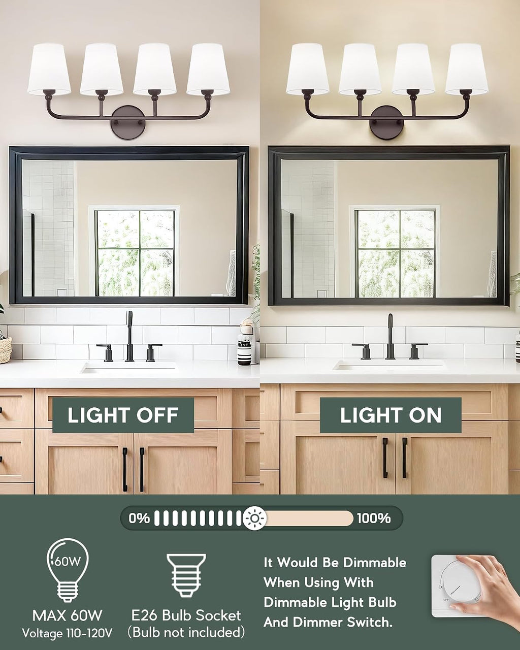 Bathroom Light Fixtures, 4 Light Oil Rubbed Bronze Vanity Lights with Flared White Fabric Shade, 28 Inch Wall Sconce, Vintage Sconces Wall Lighting for Hallway Bedroom, VL837-ORB-4