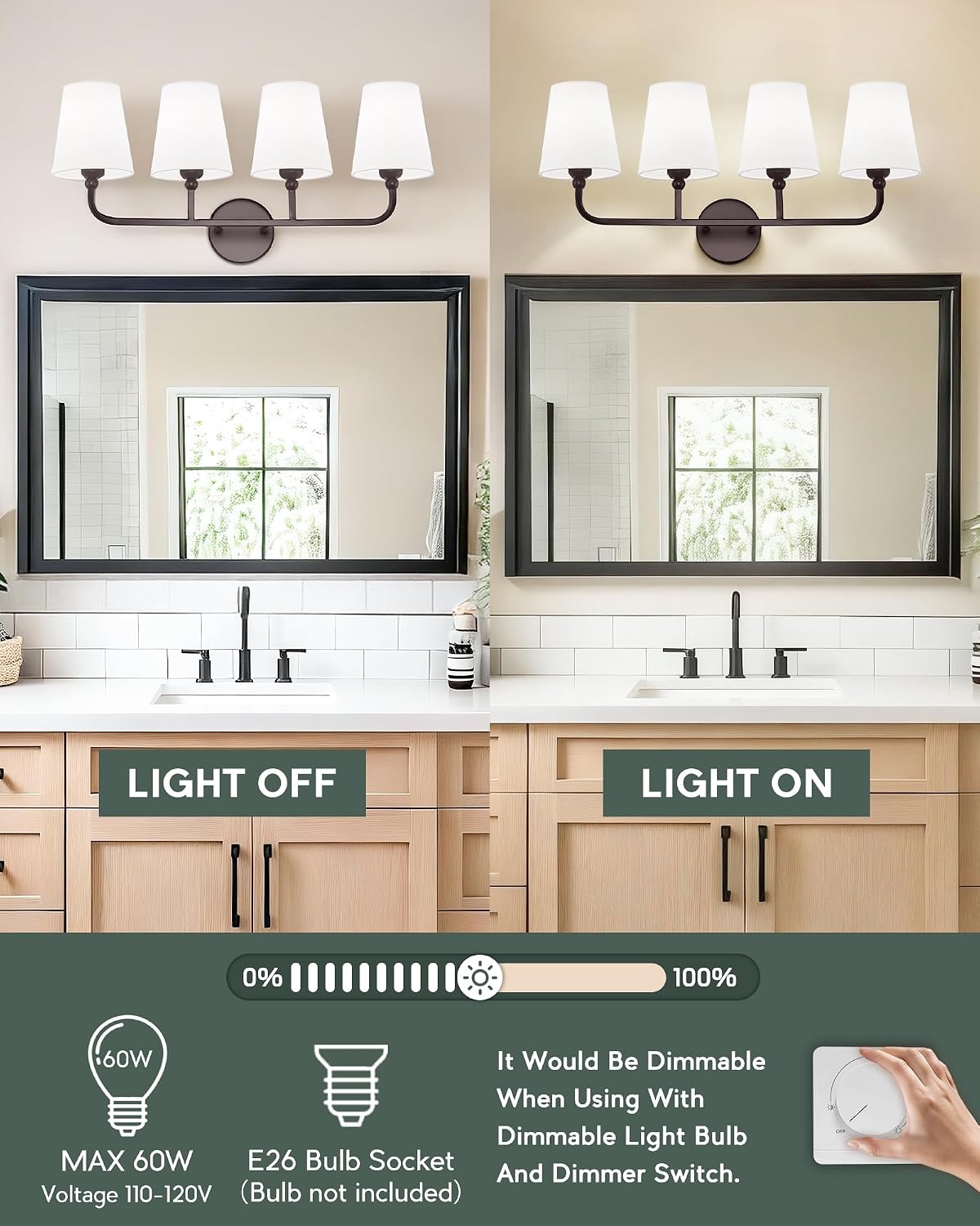 Bathroom Light Fixtures, 4 Light Oil Rubbed Bronze Vanity Lights with Flared White Fabric Shade, 28 Inch Wall Sconce, Vintage Sconces Wall Lighting for Hallway Bedroom, VL837-ORB-4