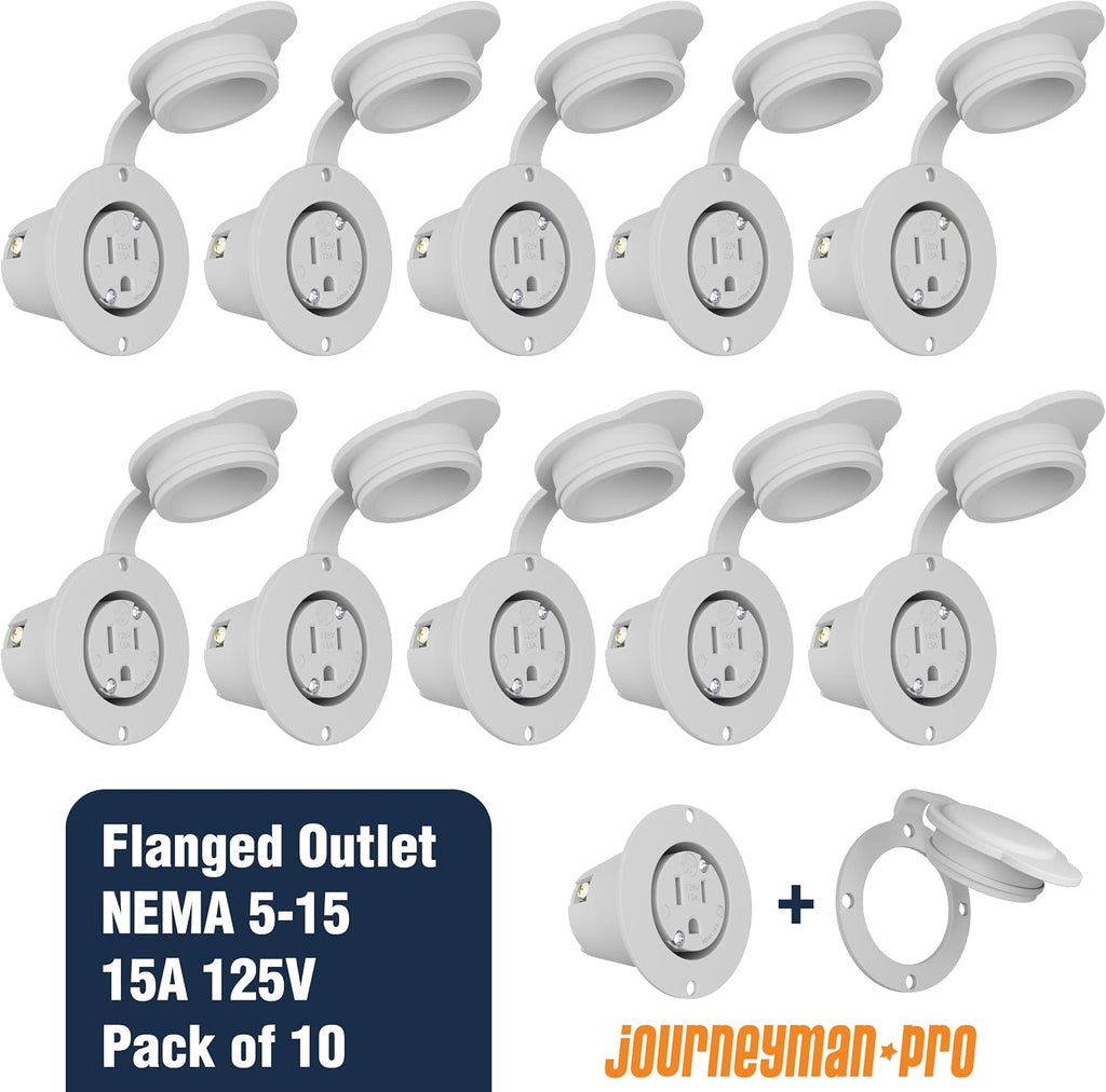 Journeyman-Pro 5279 Flanged Outlet Receptacle - 15 Amp 125 Volt NEMA 5-15, Commercial Grade Electrical Outlet, 2-Pole 3-Wire Straight Blade Plug, cUL Listed, 10-14 AWG, 10-Pack w/ Front Cover Only