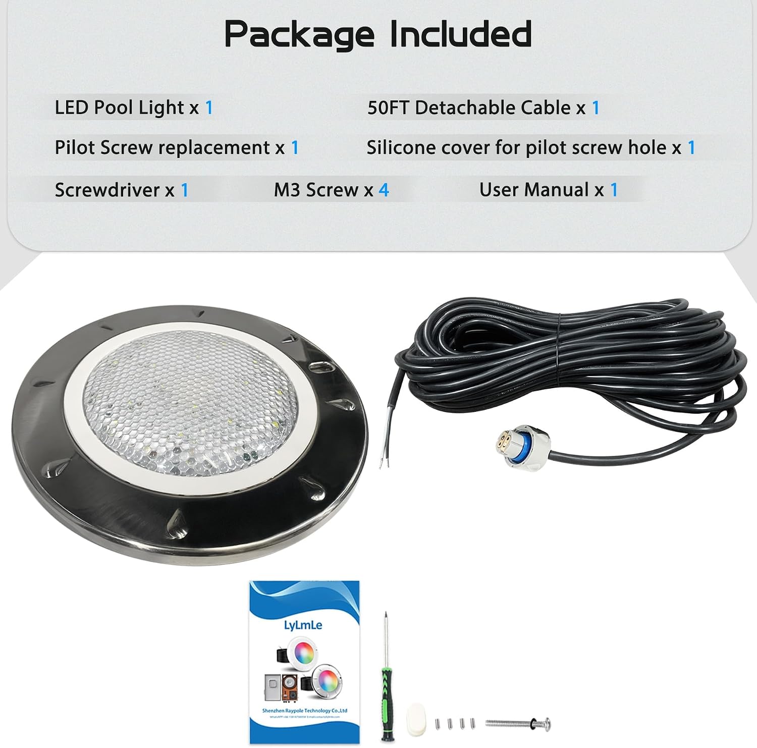 LyLmLe Pool Light for Inground Pools, 65W 10 Inch RGBW Multicolor Inground Pools Light, 316 Stainless Steel, 12V Color Changing LED Pool Lights for 10' Niche, 50ft Cord, Without Transformer Controller