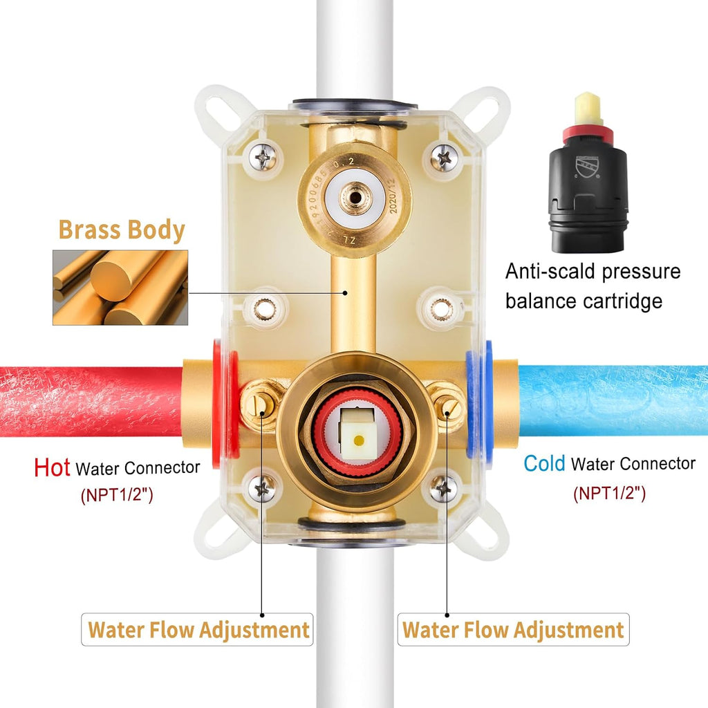 Gabrylly Shower System Gold, Slide Bar Shower Faucet Set with High Pressure 10' Rain Head and 5-Setting Handheld Spray, 2 Way Pressure Balance Valve with Trim Kit, Brushed Gold