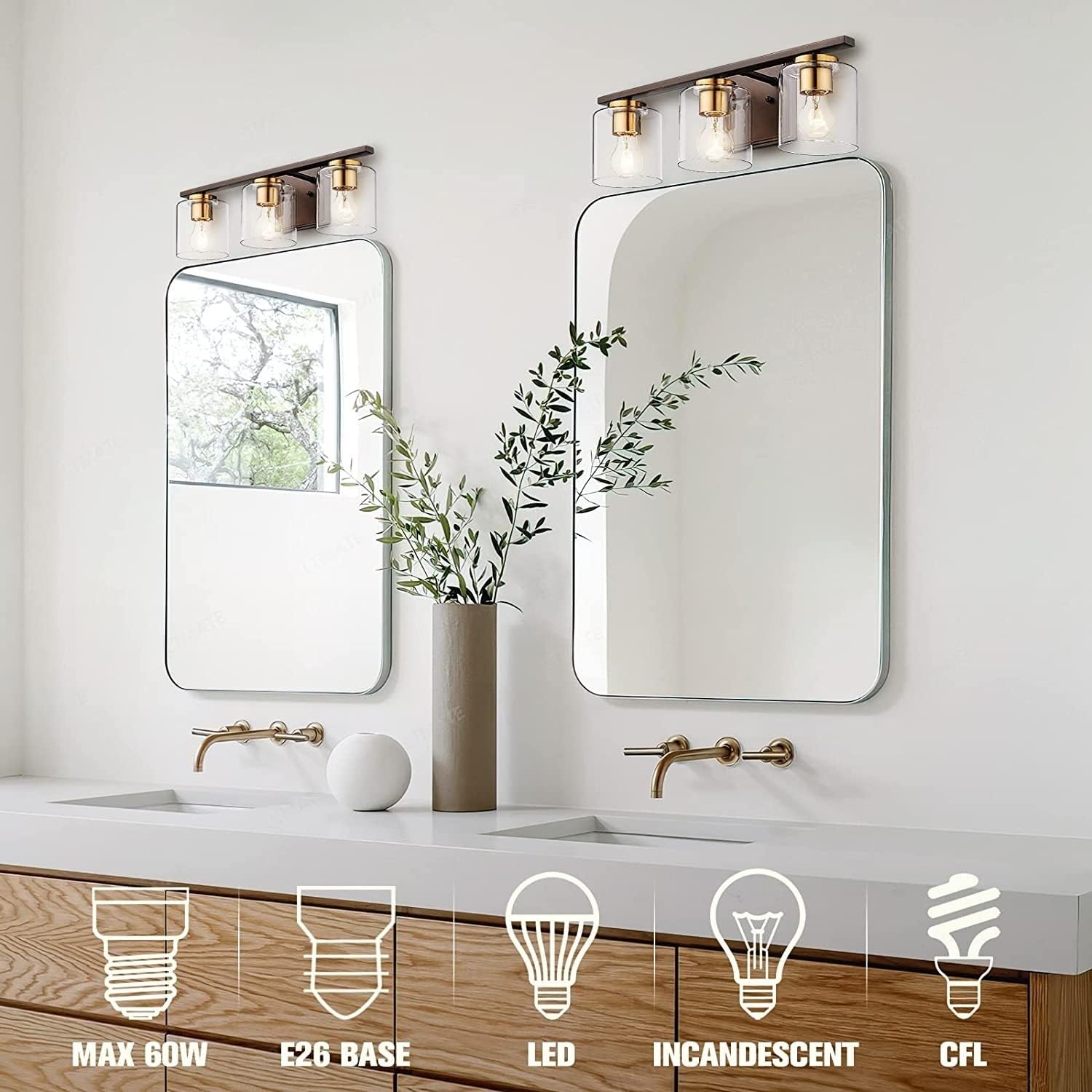 3-Light Bathroom Vanity Light Fixtures Farmhouse with Clear Glass Shade Oil Rubbed Bronze and Gold Finish Modern Contemporary Metal