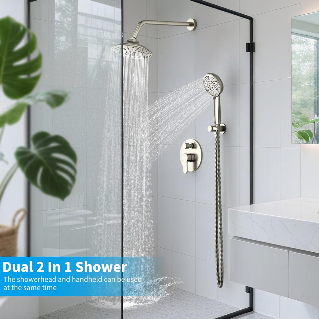 EMBATHER Shower Faucets Sets Complete, with 3 Setting High Pressure Shower Head Combo, Bathroom Wall Mounted Rainfall Shower System Fixtures with 8-Mode Handheld Spray, Brushed Nickel
