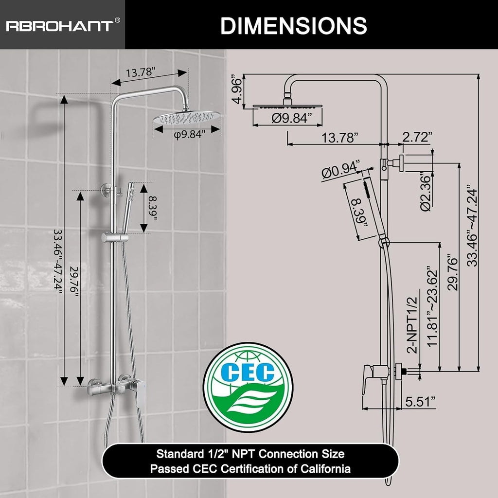 RBROHANT Exposed Shower System with Tub Spout, Brushed Nickel Exposed Pipe Shower Faucet with 3 Functions Brass Shower Valve, Shower Height Adjustable, Wall Mounted