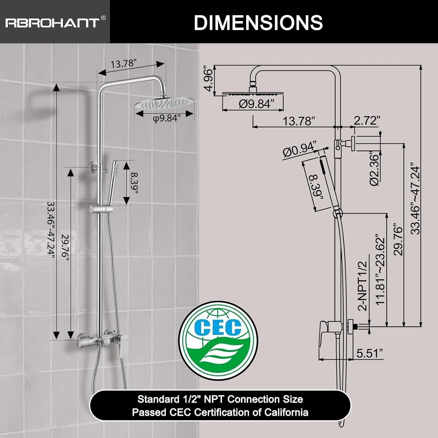 RBROHANT Exposed Shower System with Tub Spout, Brushed Nickel Exposed Pipe Shower Faucet with 3 Functions Brass Shower Valve, Shower Height Adjustable, Wall Mounted