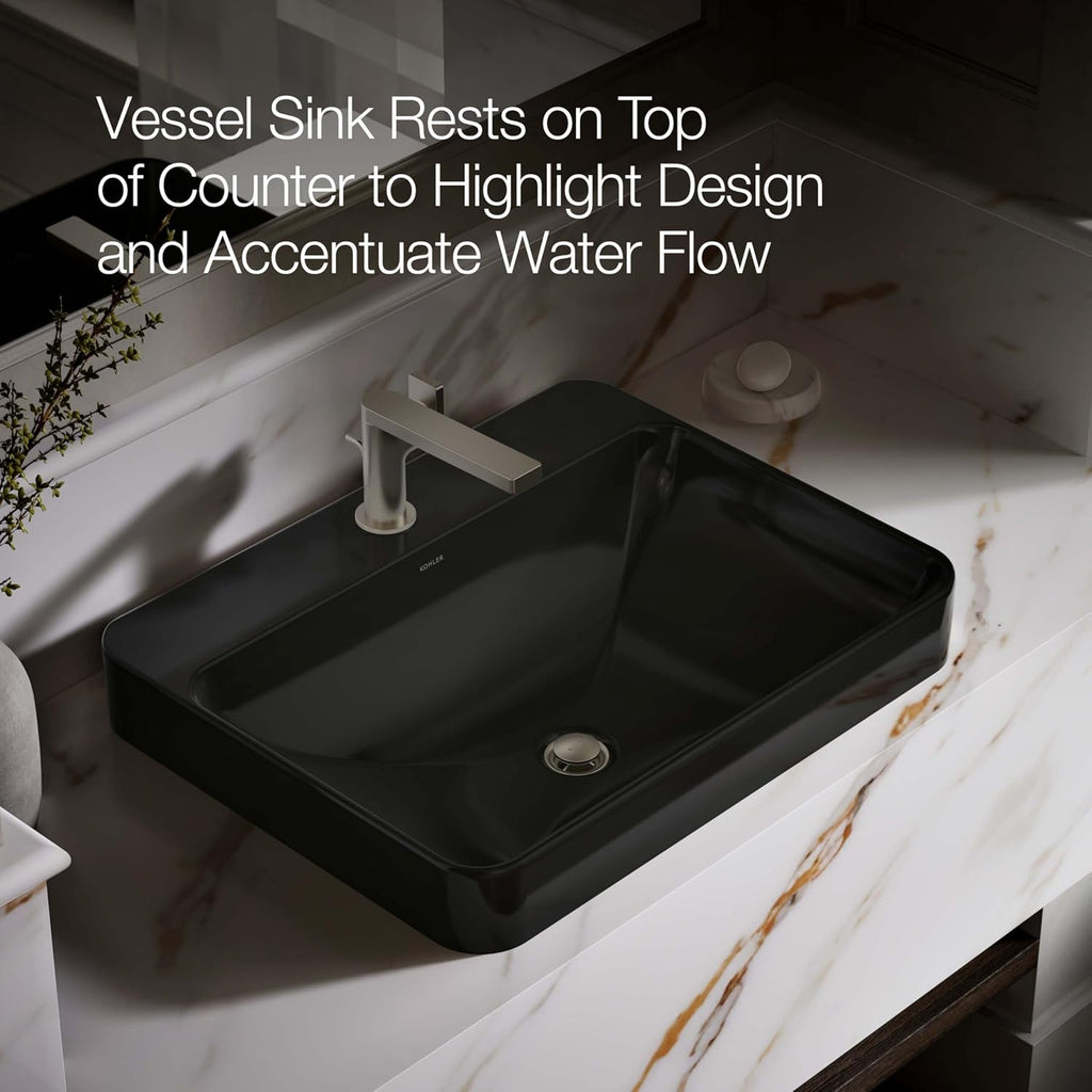 KOHLER K-2660-1-7 Vox Rectangle Vessel Above-Counter Bathroom Sink with Single Faucet Hole, Black Black