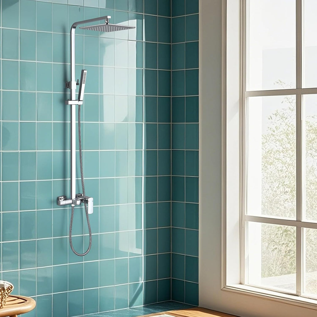 RBROHANT Polished Chrome Exposed Shower System with Tub Spout, Exposed Shower Fixtures for Bathroom with Brass 3-Functional Valve, Height Adjustable, Wall Mounted