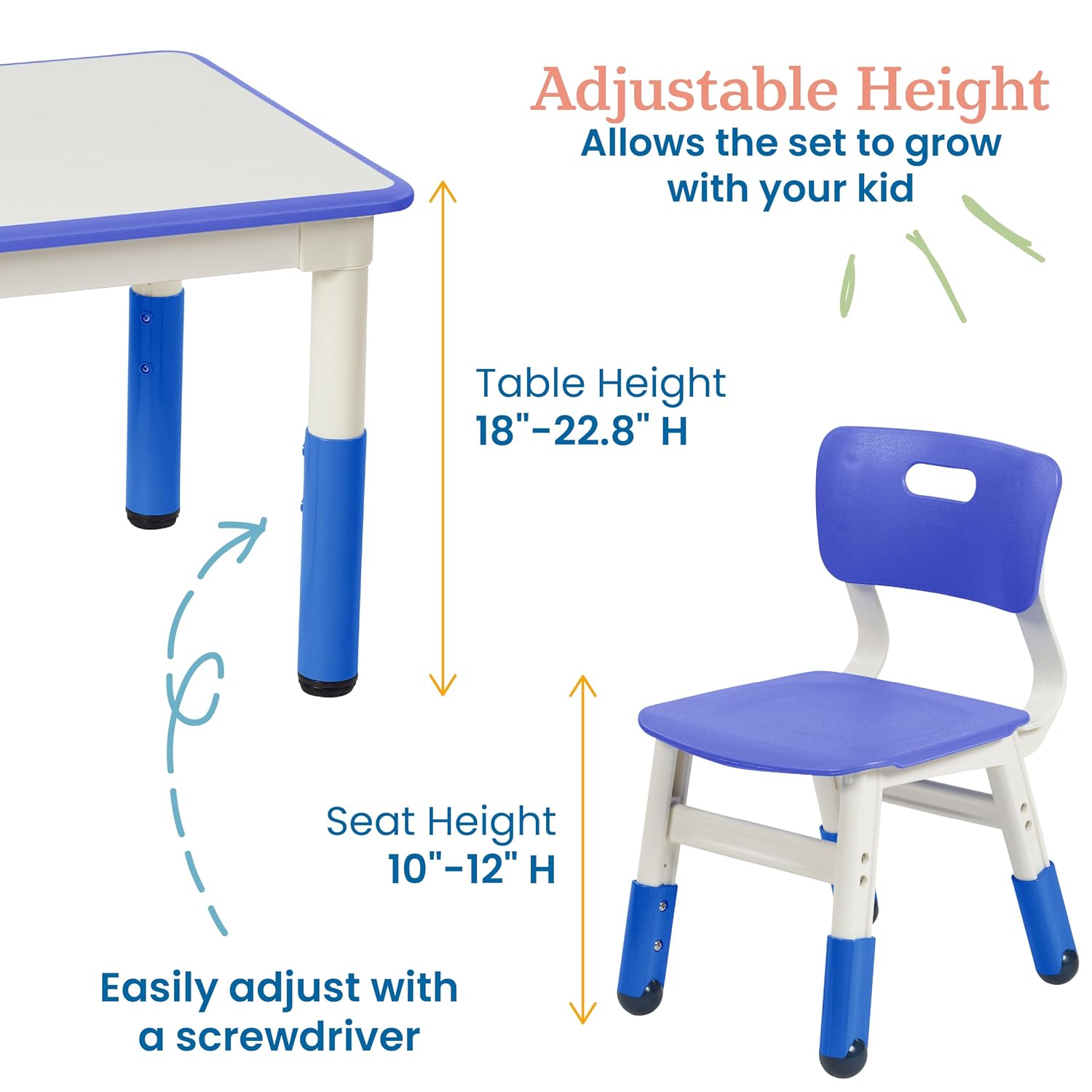 ECR4Kids Dry-Erase Square Activity Table with 2 Chairs, Adjustable, Kids Furniture, Blue, 3-Piece