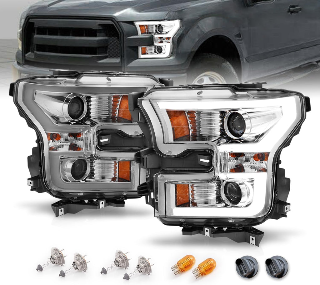 AmeriLite for 2015-2017 Ford F150 Truck LED Tube Dual Projector Beam Chrome Headlight Assembly Set - Driver and Passenger Side
