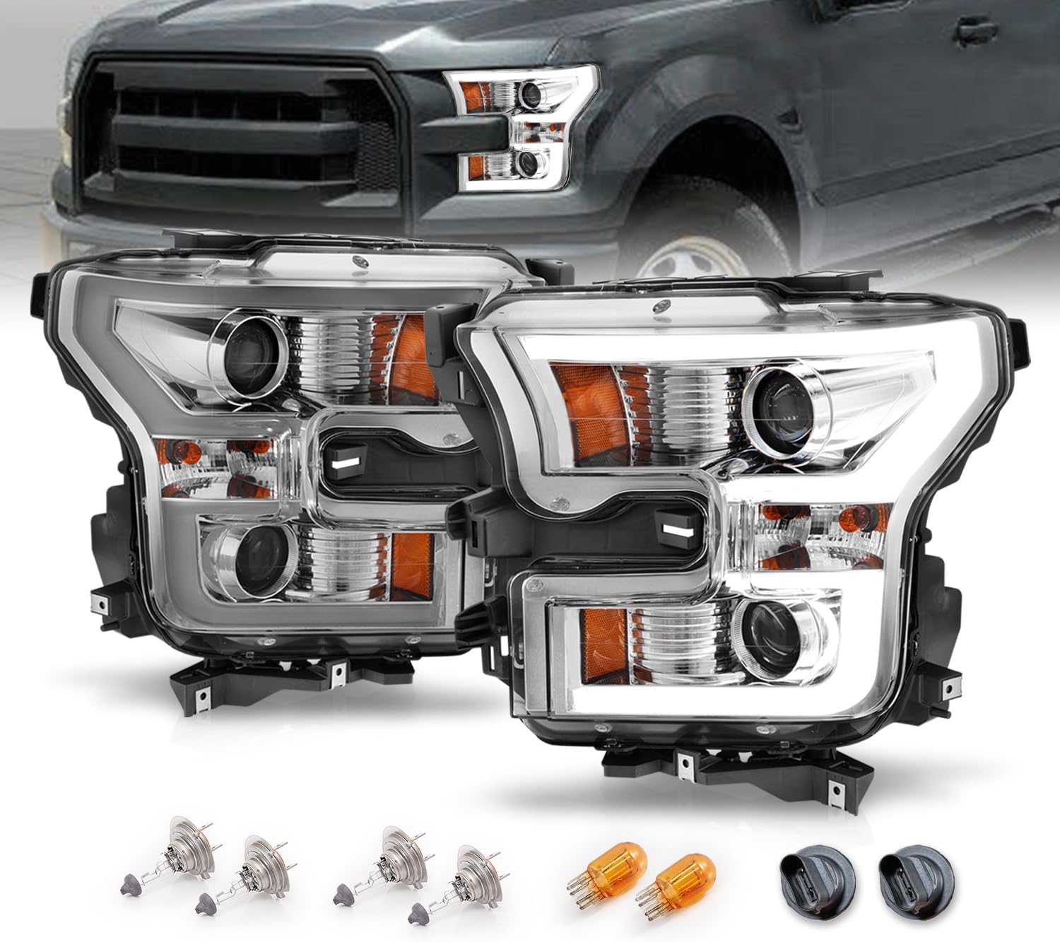 AmeriLite for 2015-2017 Ford F150 Truck LED Tube Dual Projector Beam Chrome Headlight Assembly Set - Driver and Passenger Side