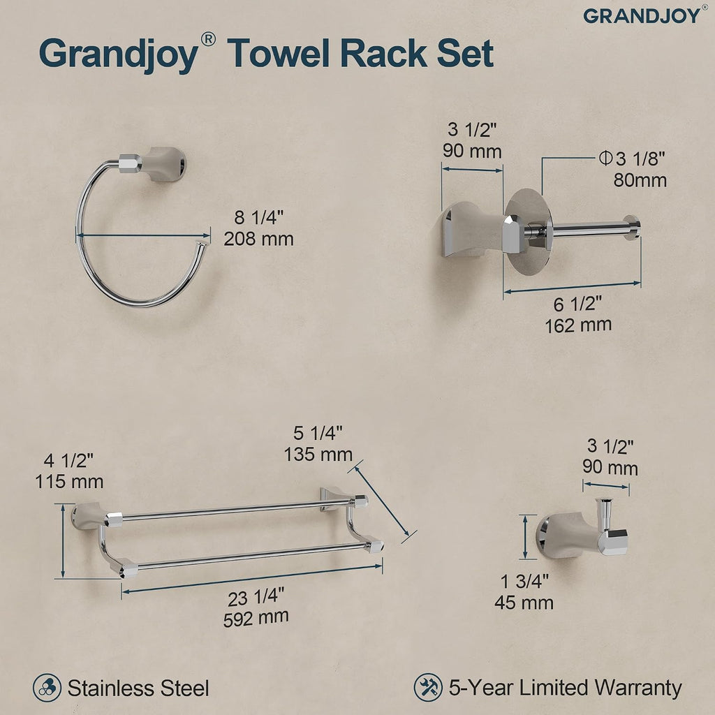 4-Piece Polished Chrome Bathroom Hardware Set, 304 Stainless Steel Rustproof Wall Mounted, 24 Inch Double Towel Rack, Towel Ring, Robe Hook, Toilet Paper Holder