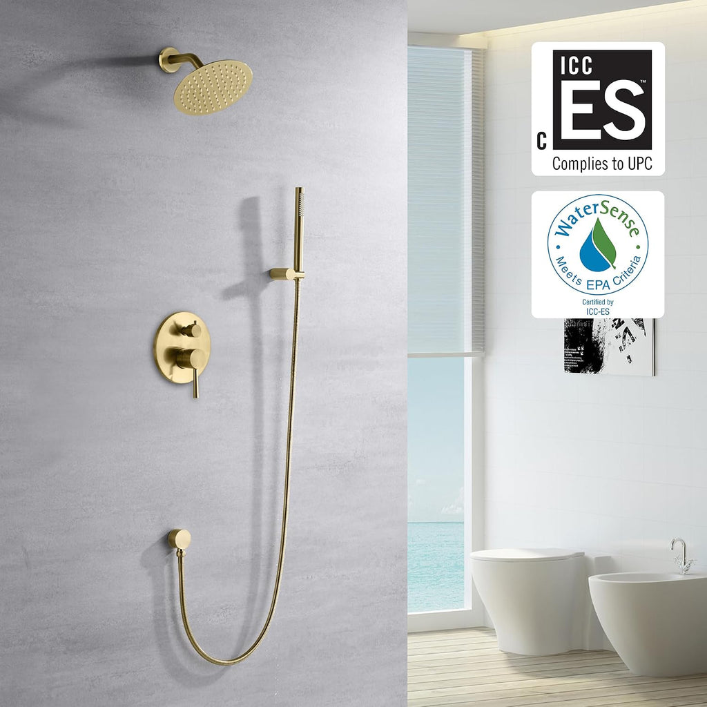sumerain Brushed Gold Shower Faucet System with high pressure 8 Inches rain shower head and brass hand shower, Rough-In Valve Body and Trim Included