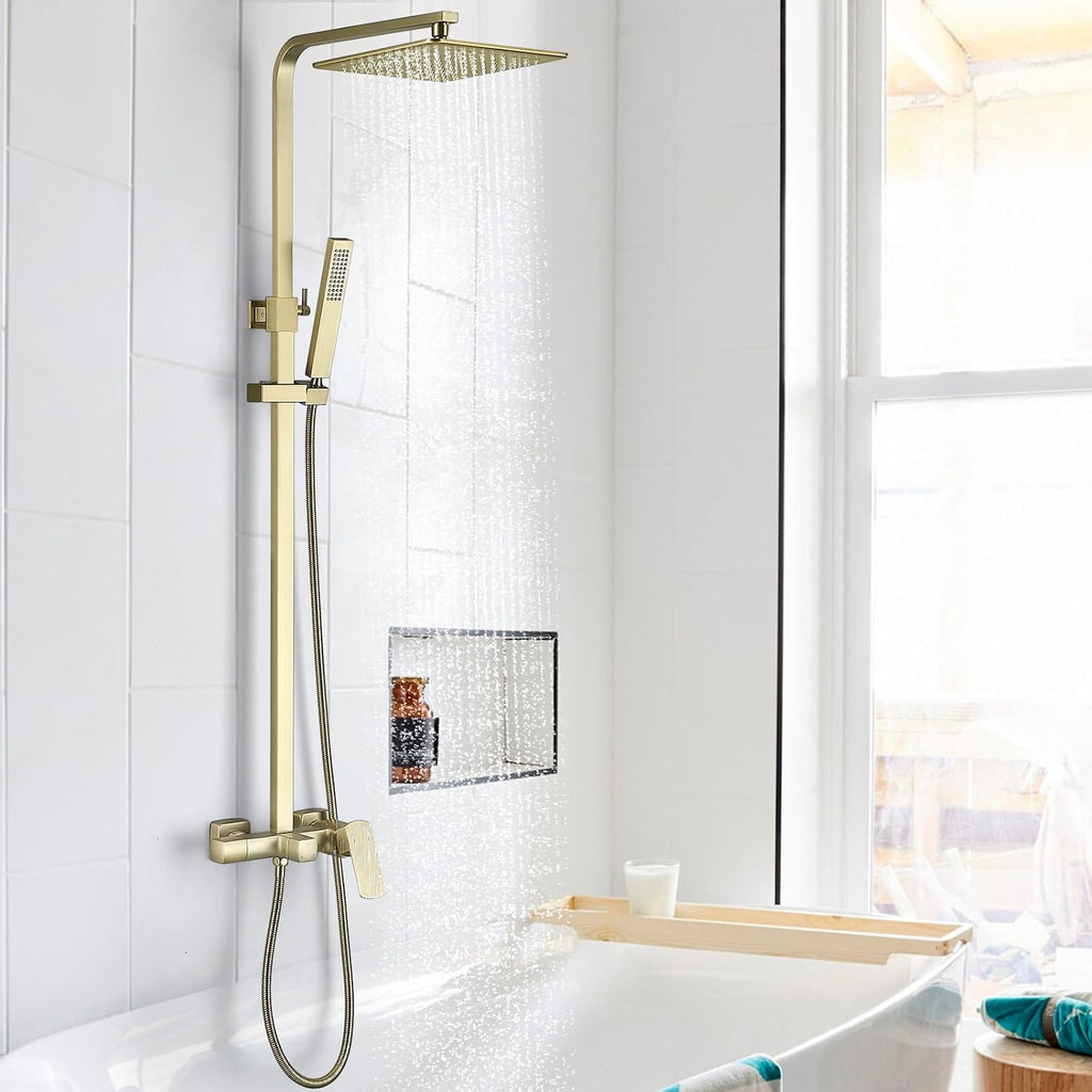 RBROHANT Brushed Gold Exposed Shower System with Tub Spout, Exposed Shower Fixtures for Bathroom with Brass 3-Functional Valve, Shower Height Adjustable, Wall Mounted