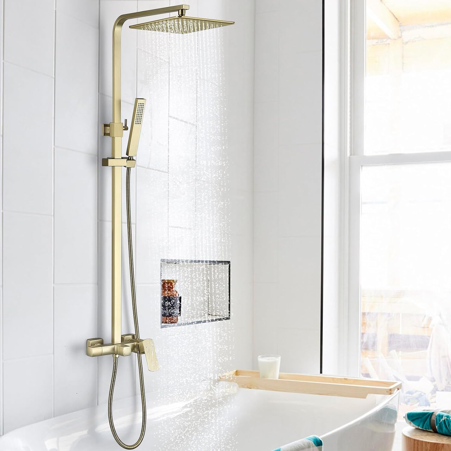 RBROHANT Brushed Gold Exposed Shower System with Tub Spout, Exposed Shower Fixtures for Bathroom with Brass 3-Functional Valve, Shower Height Adjustable, Wall Mounted
