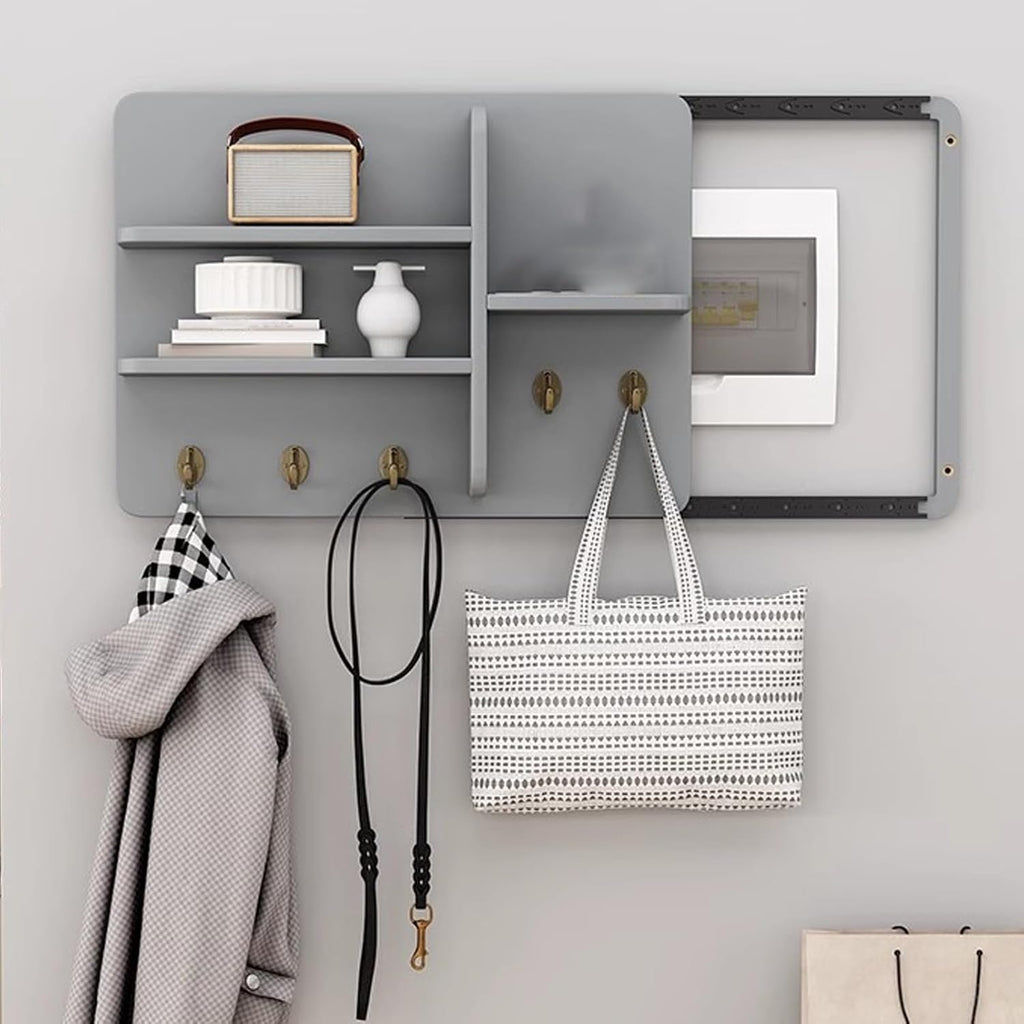 Wooden Breaker Box Cover with Shelves & Hooks, Multifunctional Indoor Fuse Box Cover for Decorative Wall, Left Sliding Meter Box Cover Farmhouse(Style/B,40x30cm(15 3/4x11 3/4'))