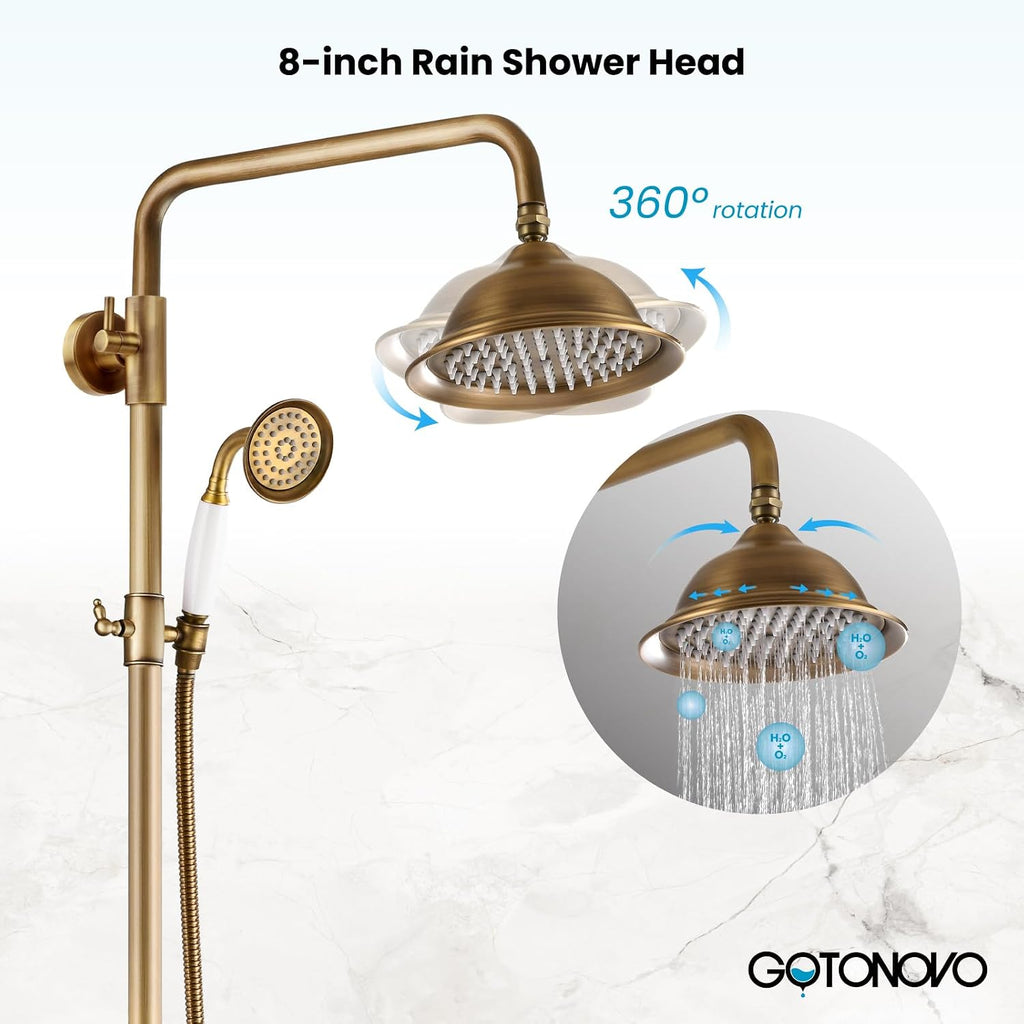 gotonovo Antique Brass Shower Faucet 8-inch Luxury Shower Head Fixture with Handheld Spray Double Lever Handle Bathtub Spout Triple Function Bathroom Wall Mount