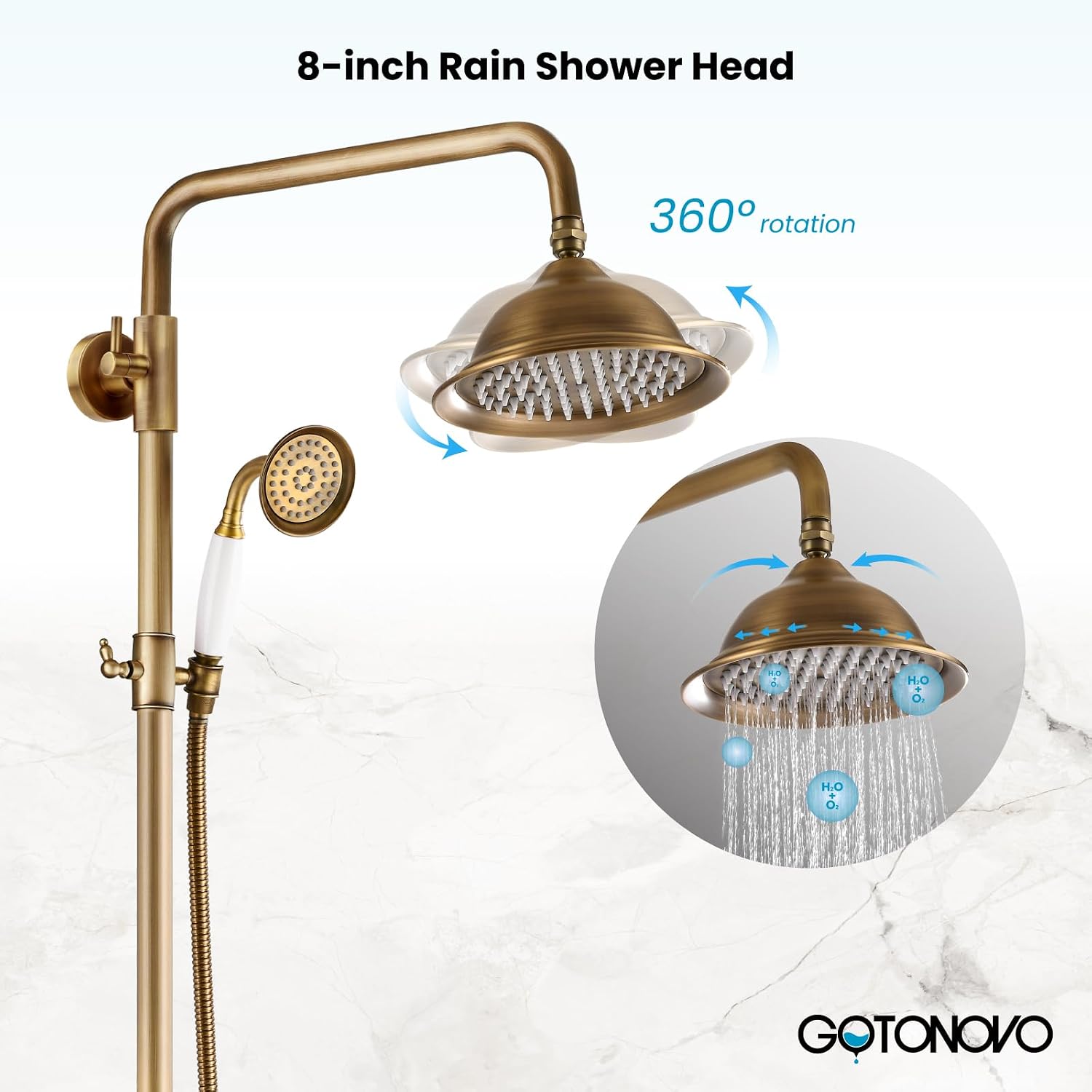 gotonovo Antique Brass Shower Faucet 8-inch Luxury Shower Head Fixture with Handheld Spray Double Lever Handle Bathtub Spout Triple Function Bathroom Wall Mount