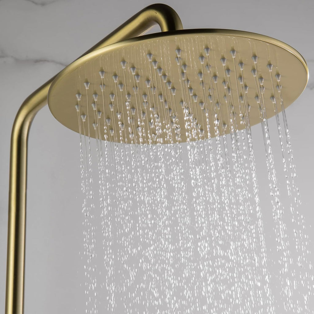 RBROHANT Exposed Shower System with Tub Spout, Brushed Gold Exposed Pipe Shower Faucet with 3 Functions Brass Shower Valve, Shower Height Adjustable, Wall Mounted