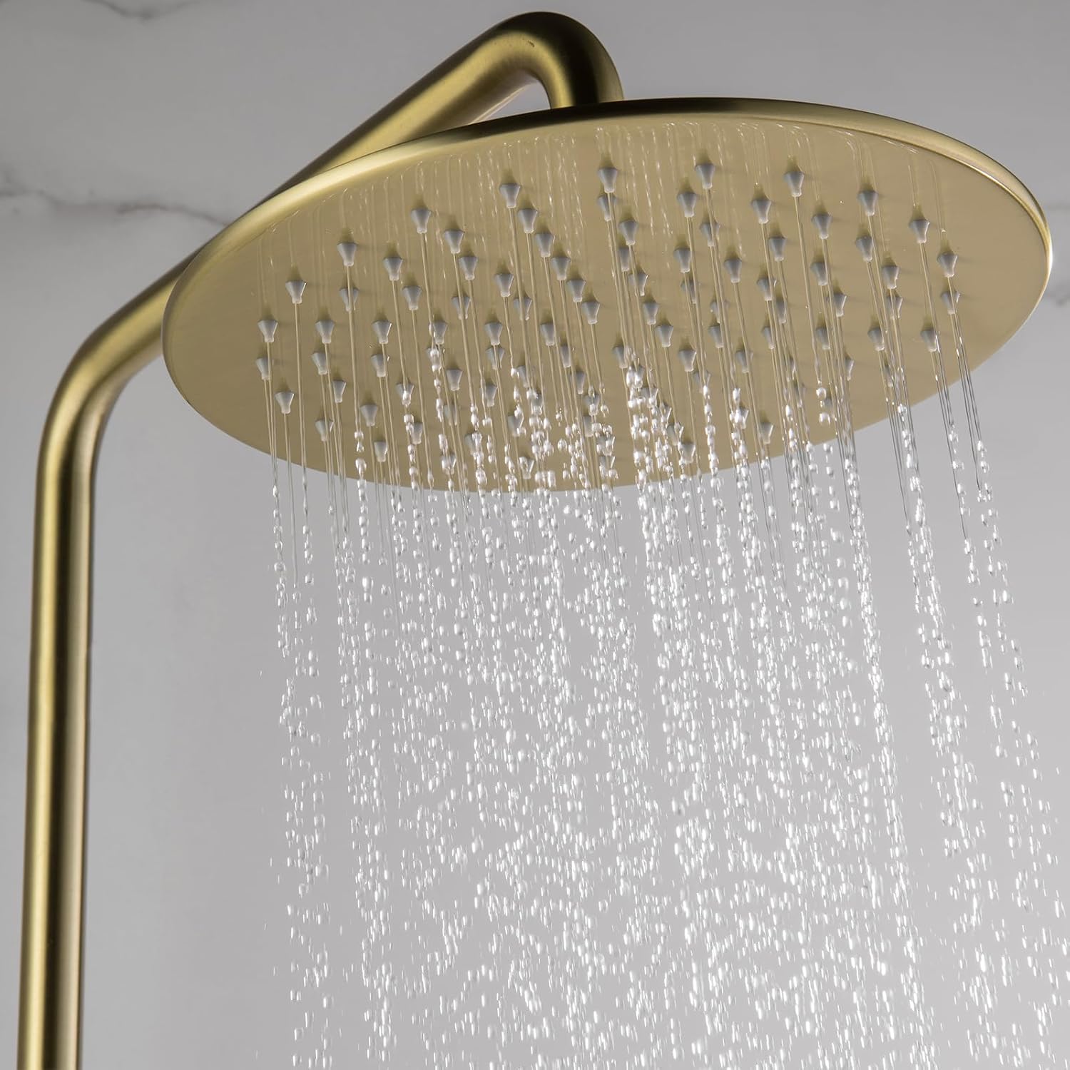 RBROHANT Exposed Shower System with Tub Spout, Brushed Gold Exposed Pipe Shower Faucet with 3 Functions Brass Shower Valve, Shower Height Adjustable, Wall Mounted