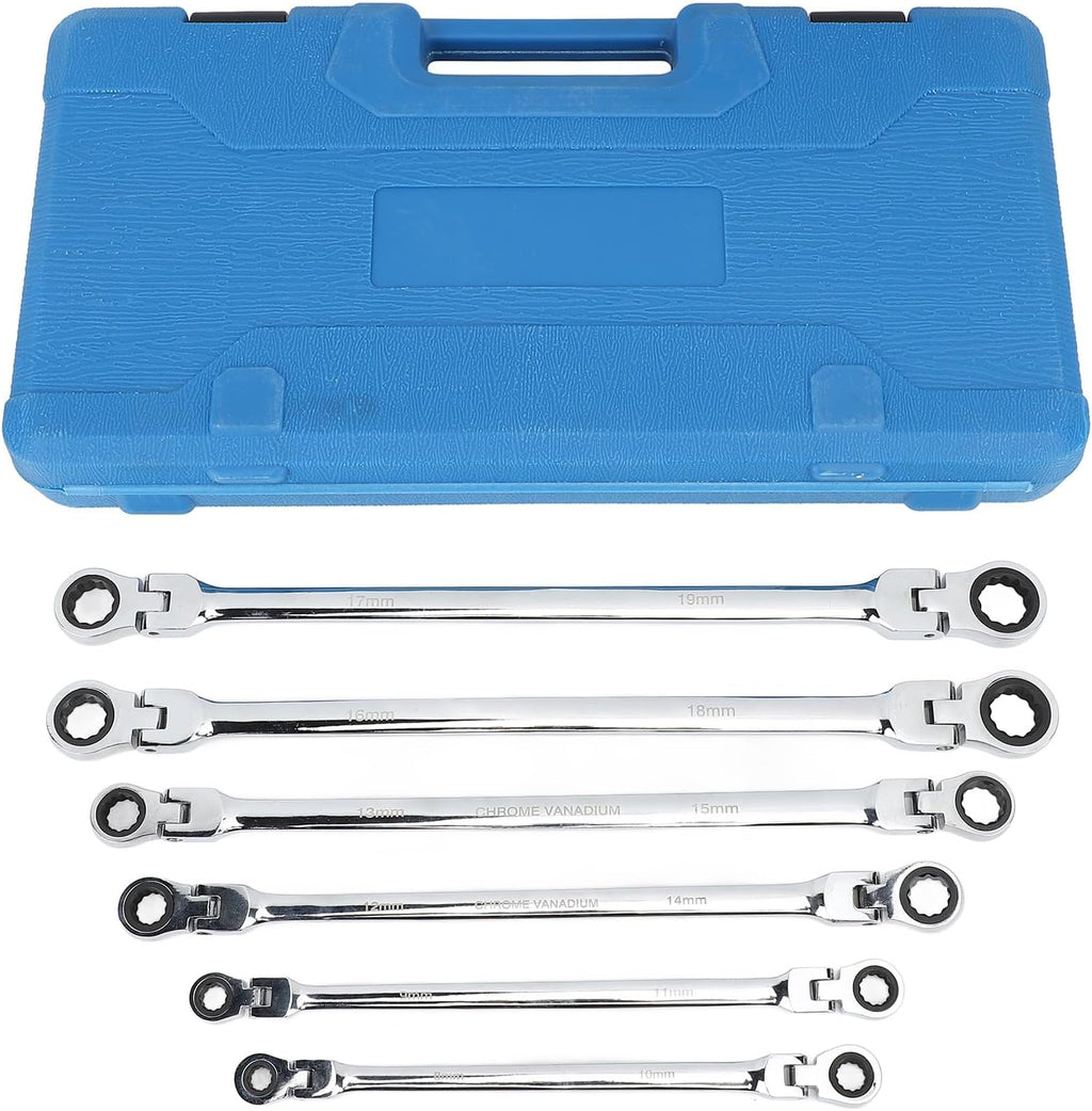 Zyyini 6pcs Flex Head Ratcheting Wrench Set, Steel Extra Long Double Box End Ratchet Wrench, Metric 8-19mm, for Mechanical, Automotive, Appliance Repair