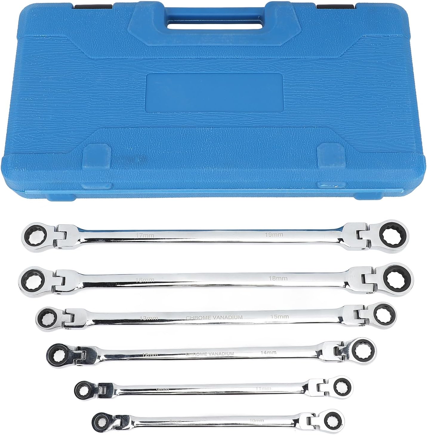 Zyyini 6pcs Flex Head Ratcheting Wrench Set, Steel Extra Long Double Box End Ratchet Wrench, Metric 8-19mm, for Mechanical, Automotive, Appliance Repair