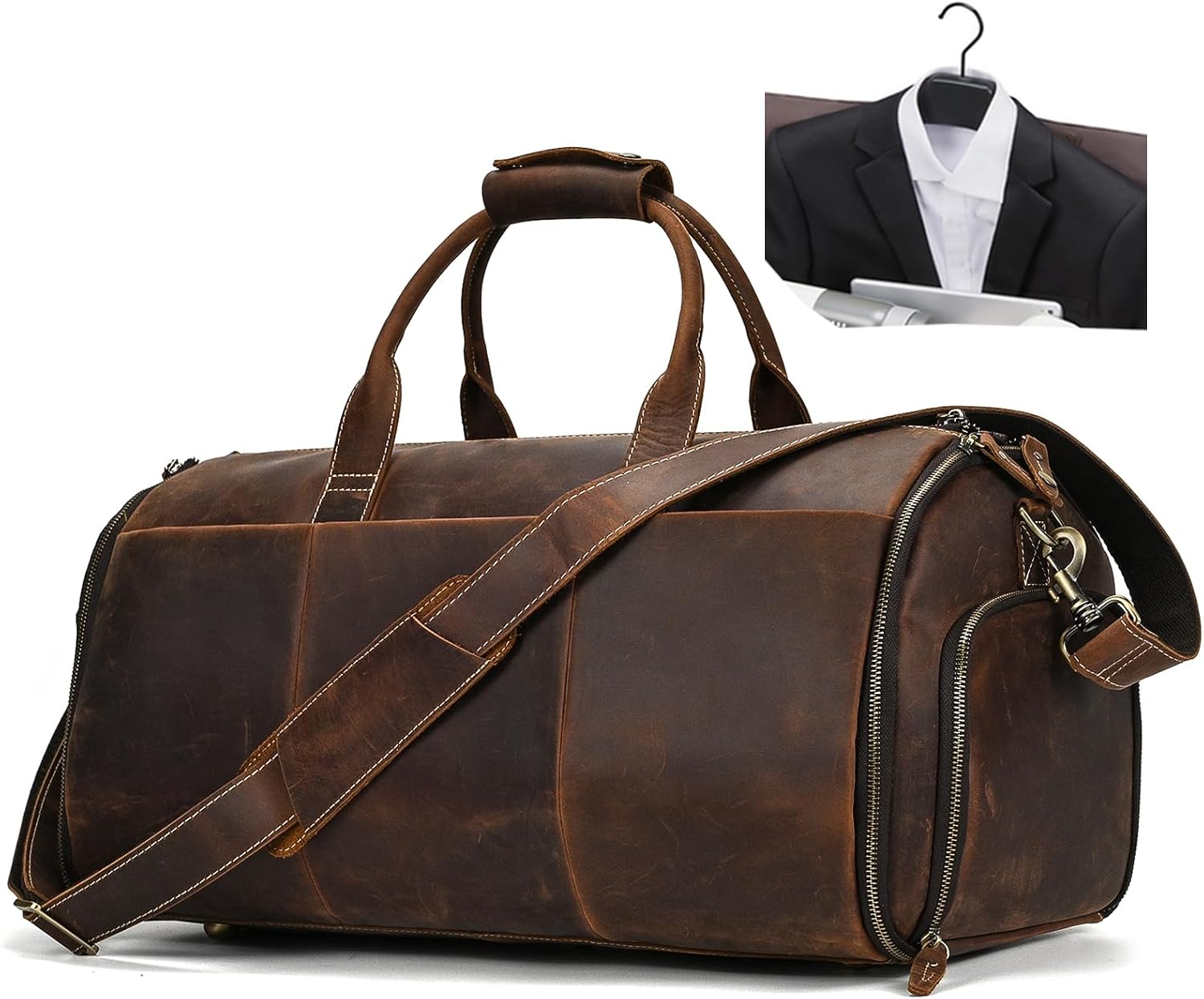 LUUFAN Full-grain Leather Garment Bag Large Capacity Travel Bag Business Suit Carrier Bag with Shoe Compartment, Overnight Gym Sports Duffel Bags for Men Women, Coffee
