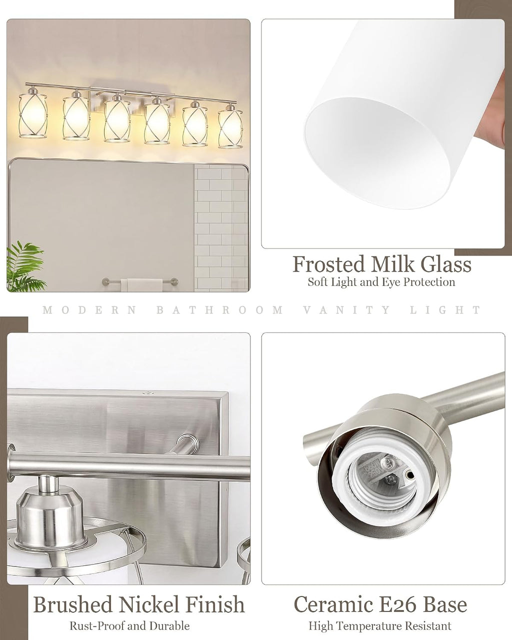6-Light Brushed Nickel Bathroom Light Fixtures Over Mirror, 42' UL-Listed Modern Wall Sconce Lights with Milk White Frosted Glass and Metal Cage for Bath, Hardwire E26, CH9176BNW-6W