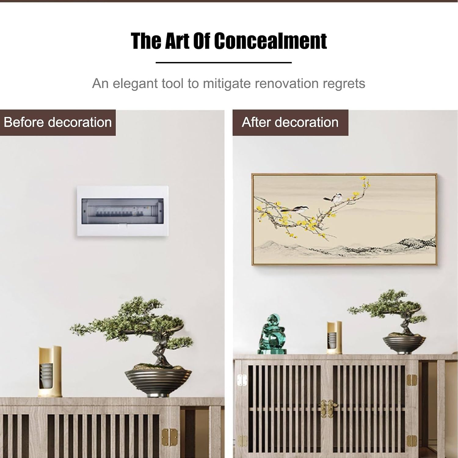 JHDXL Wall Mounted Electrical Panel Cover, Chinese Style Wall Art to Cover, with Hydraulic Rod Support, for Bedroom, Living Room(Black,100 * 50cm/39.4 * 19.7in)