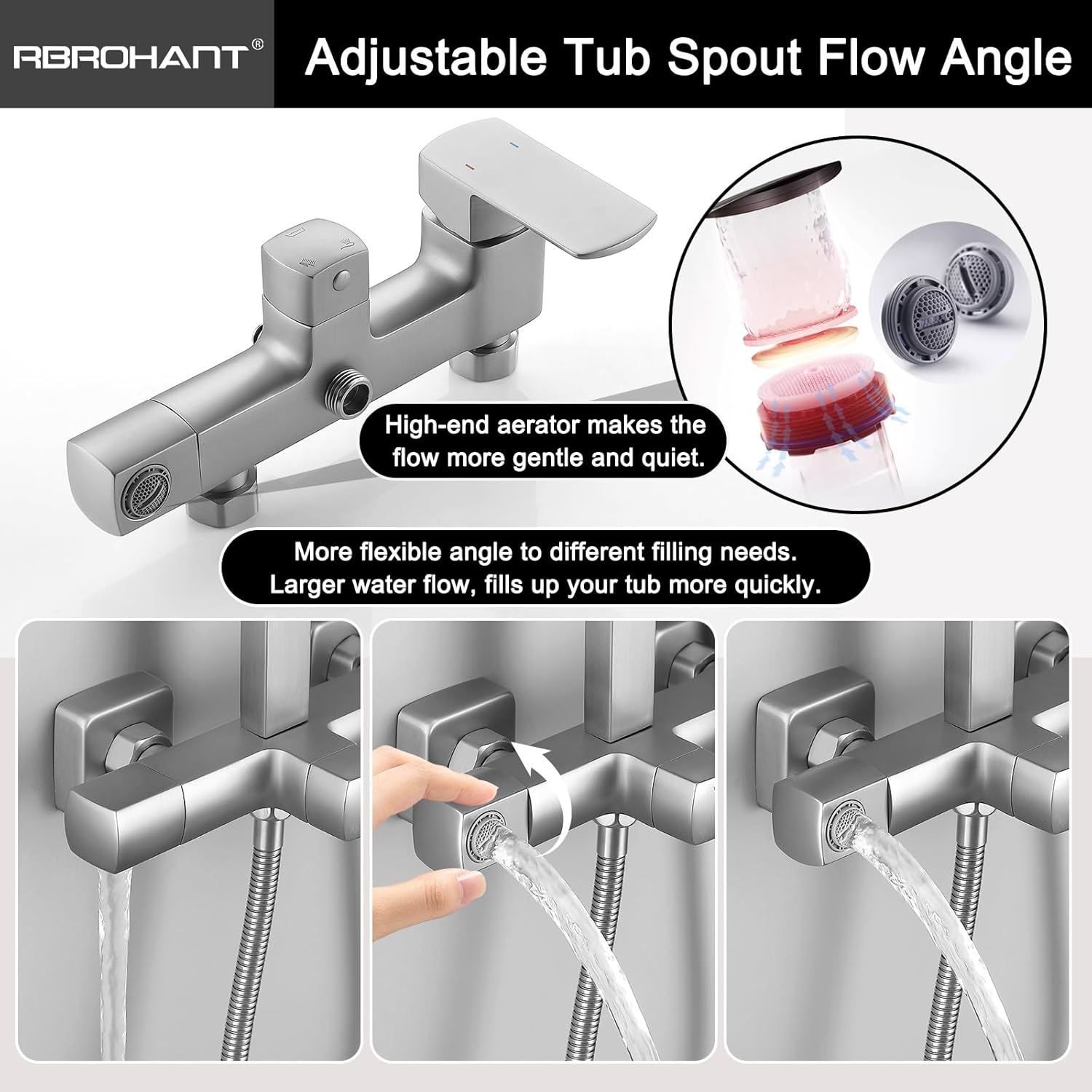 RBROHANT Brushed Nickel Exposed Shower System with Tub Spout, Exposed Shower Fixtures for Bathroom with Brass 3-Functional Valve, Shower Height Adjustable, Wall Mounted