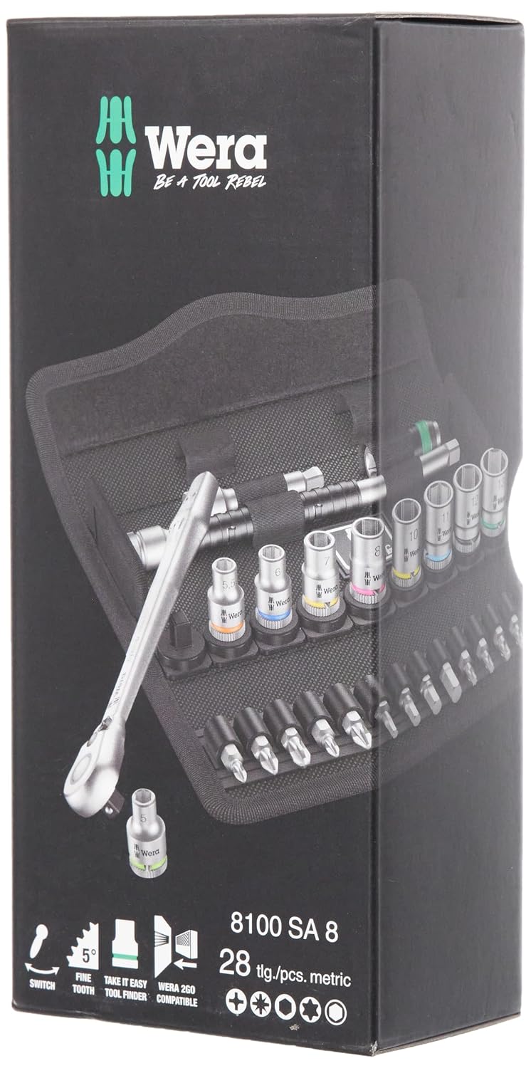 WERA 05004018001 8100 SA 8 Zyklop Metric Metal Ratchet Set with Switch Lever, 28 Piece, 1/4' Drive