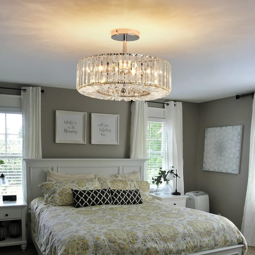 Piepooye 4 Lights Modern Crystal Chandelier Chrome Round Semi Flush Mount Ceiling Light Fixture Farmhouse Chandelier for Dinning Room Living Room Bedroom Hallway Entryway Kitchen